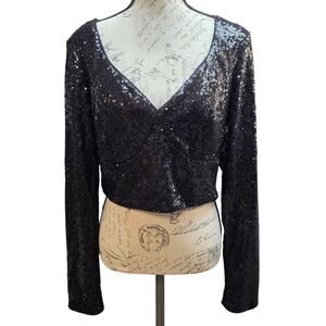 Lulus Solid Black Sequin Crop Top Womens XL Long Sleeve Deep V Neck Evening